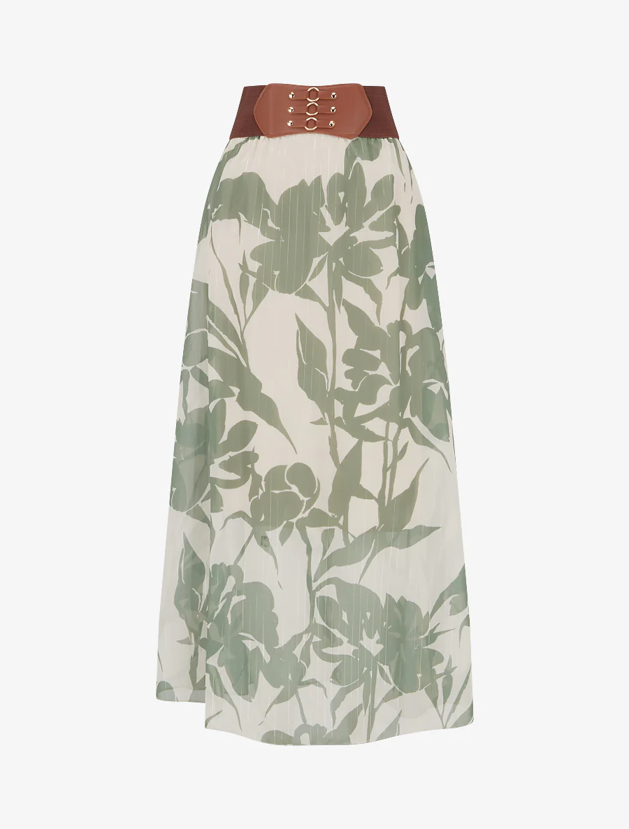 Lange rok met bloemenprint en iriserende strepen - Kaki