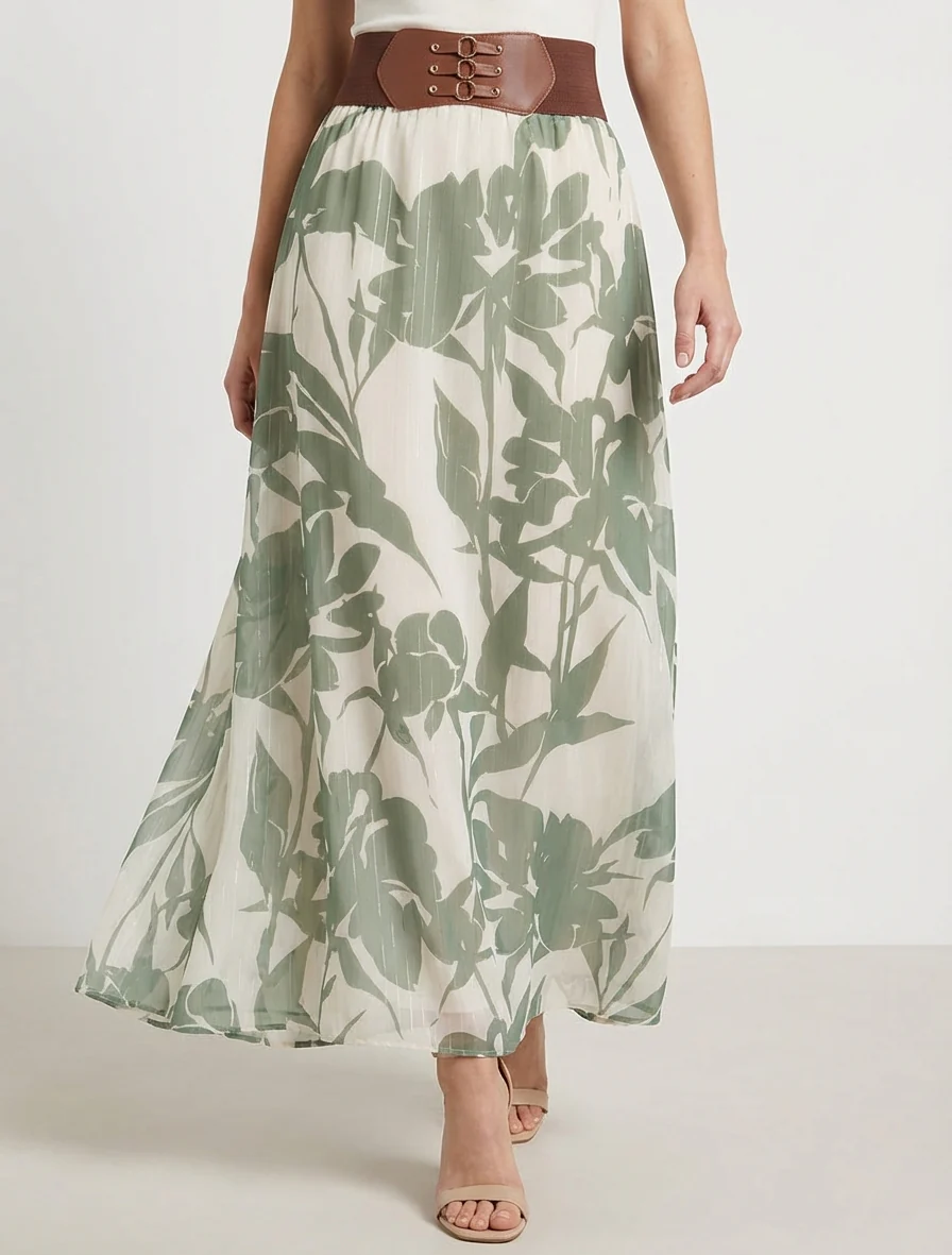 Lange rok met bloemenprint en iriserende strepen - Kaki - Image 4