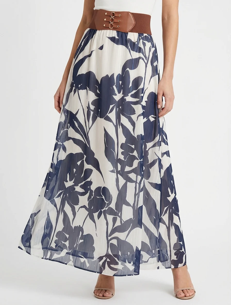 Lange rok met bloemenprint en iriserende strepen - Marine - Image 4