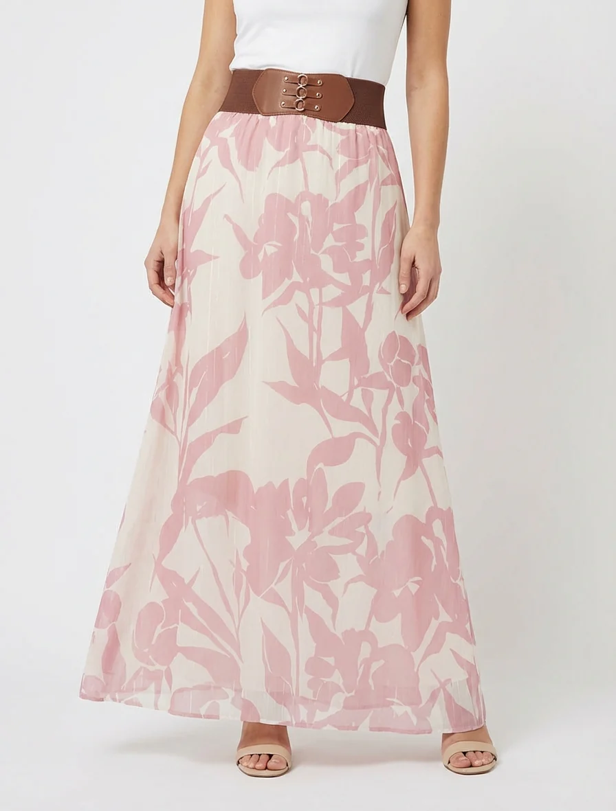 Lange rok met bloemenprint en iriserende strepen - Roos - Image 4