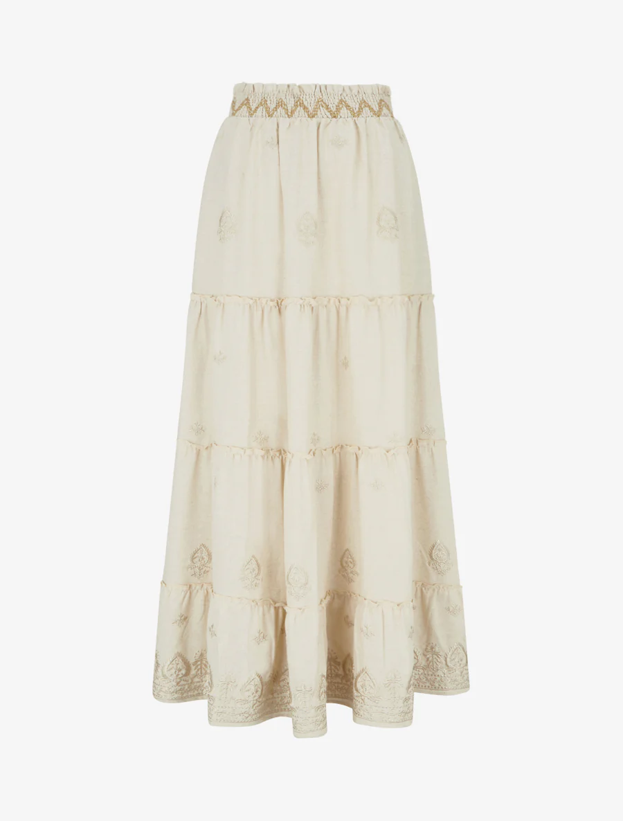 Lange rok met elastiek en borduursel - Beige