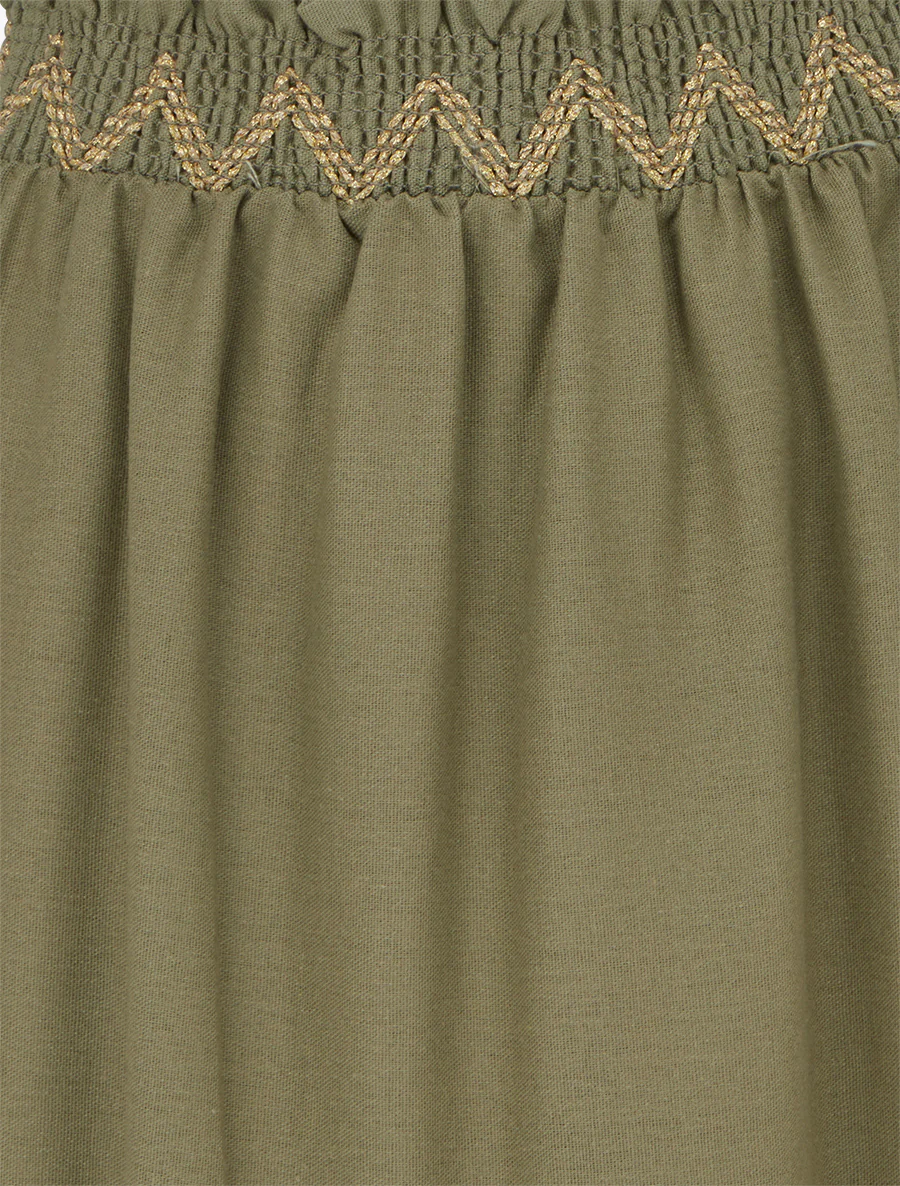Lange rok met elastiek en borduursel - Kaki - Image 3