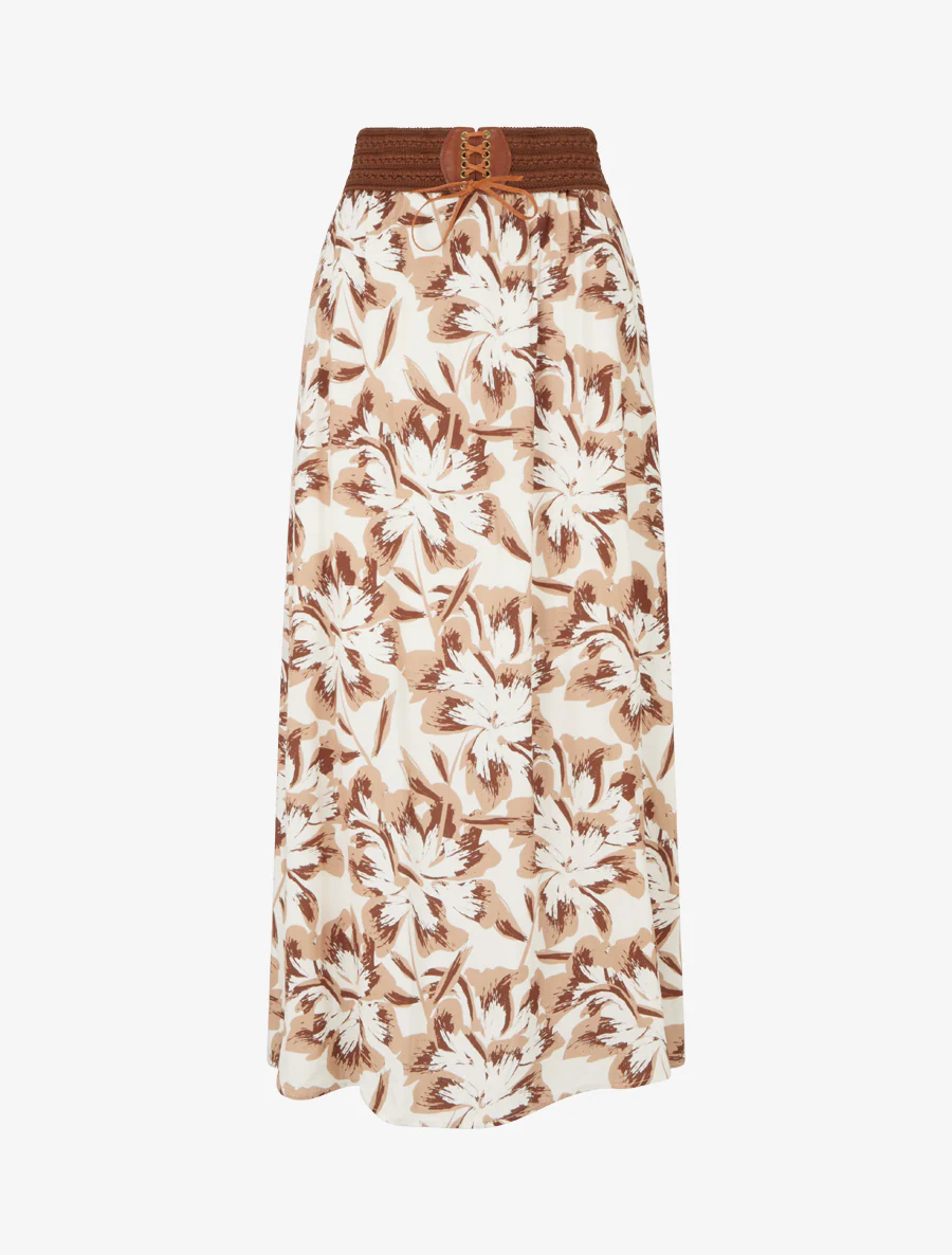 Lange rok met elastiek met bloemenprint - Bruin