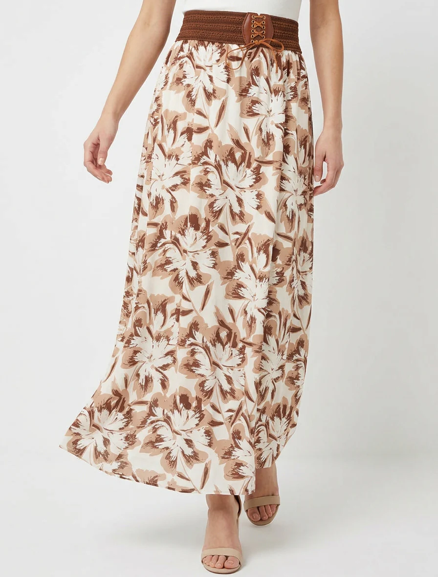 Lange rok met elastiek met bloemenprint - Bruin - Image 4
