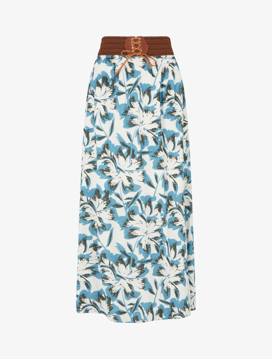 Lange rok met elastiek met bloemenprint - Lichtblauw