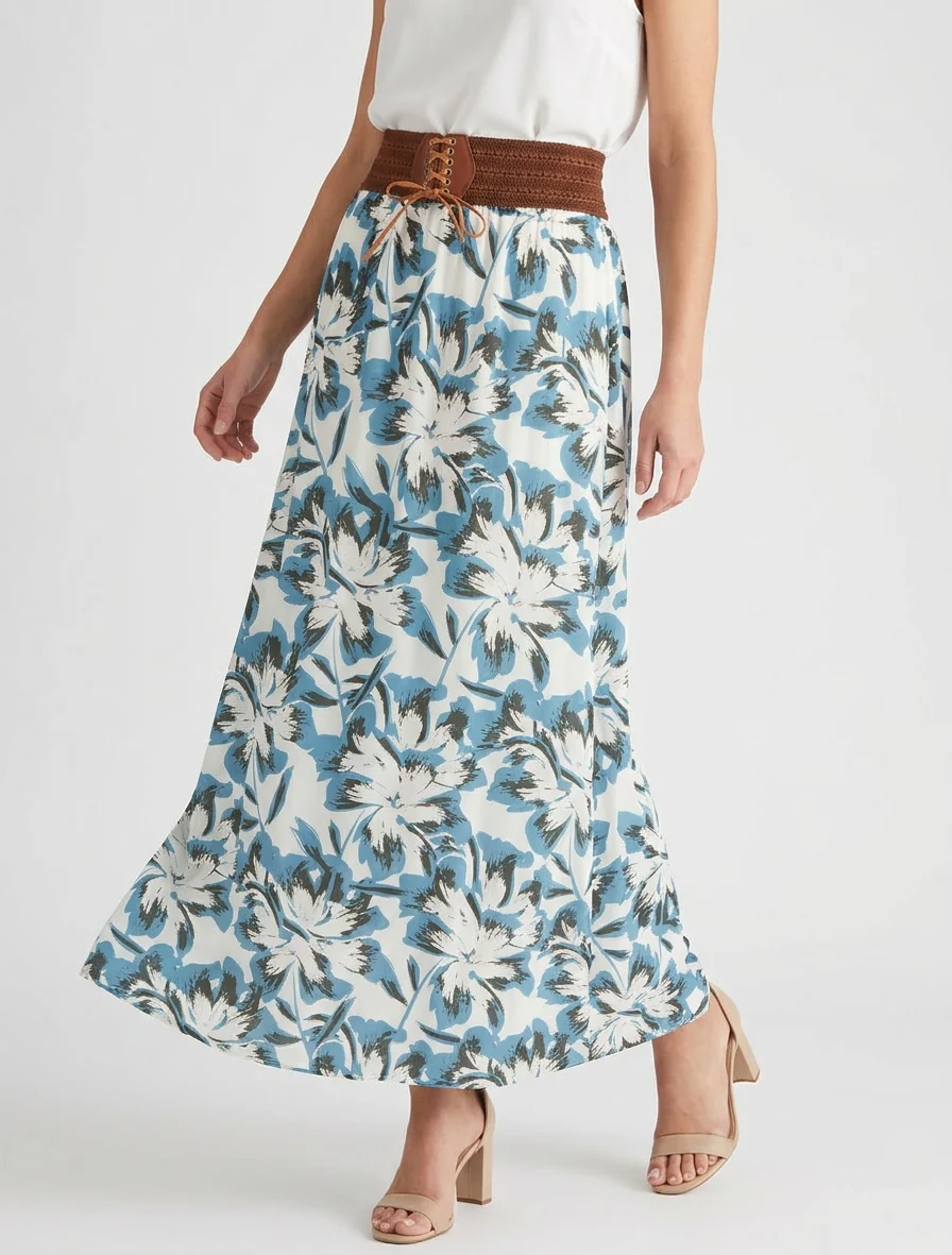 Lange rok met elastiek met bloemenprint - Lichtblauw - Image 4