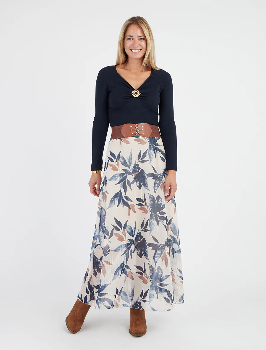 Lange rok met fantasie bladprint - Marine - Image 4