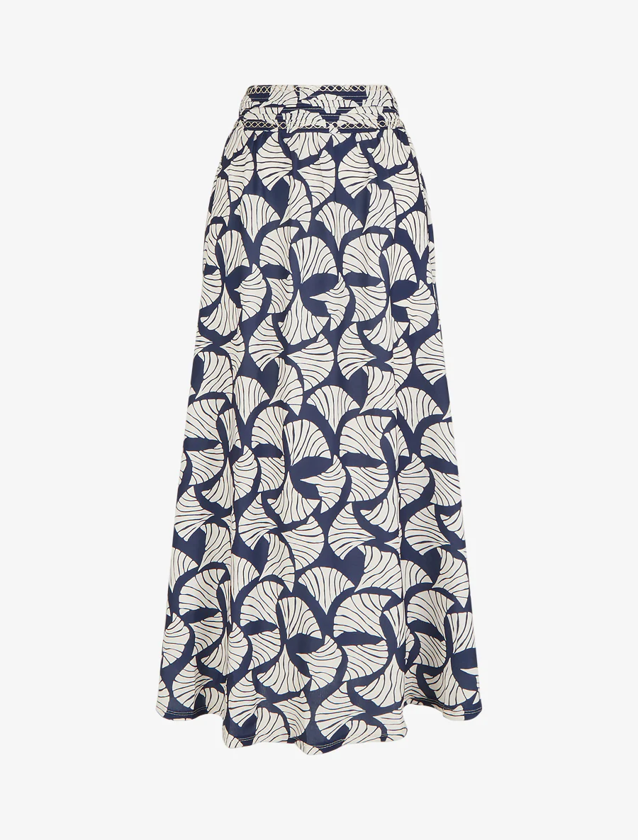 Lange rok met ginkgo-print en geborduurd detail - Marine