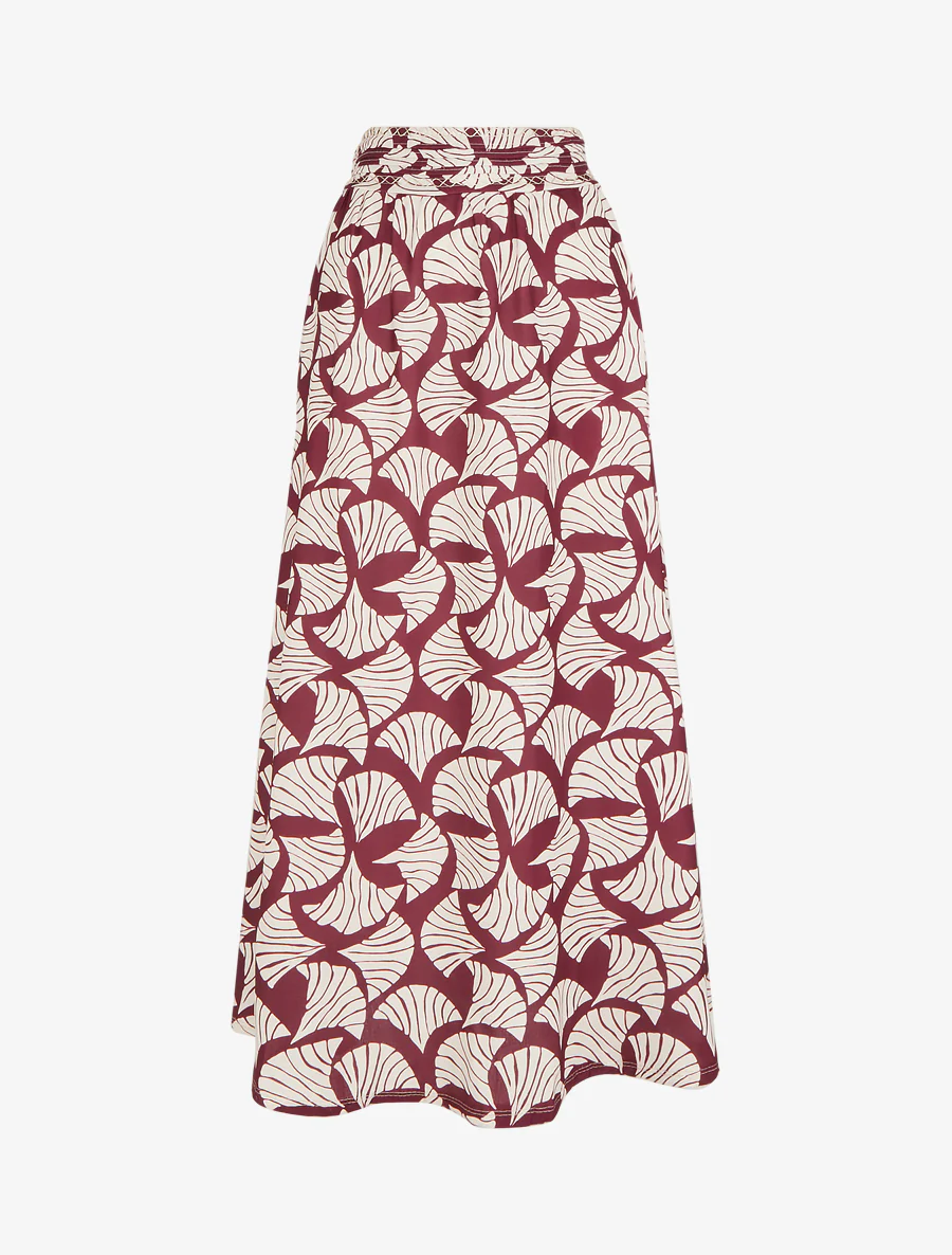 Lange rok met ginkgo-print en geborduurd detail - Pruim
