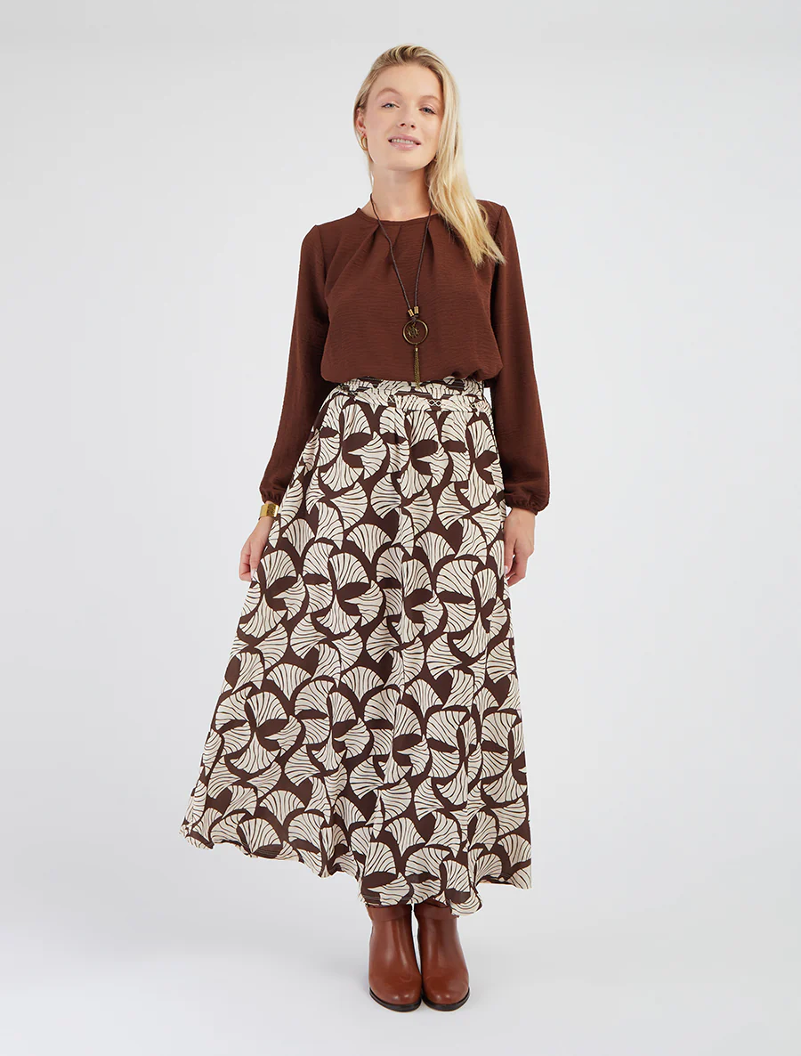 Lange rok met ginkgo-print en geborduurd detail - Bruin - Image 4