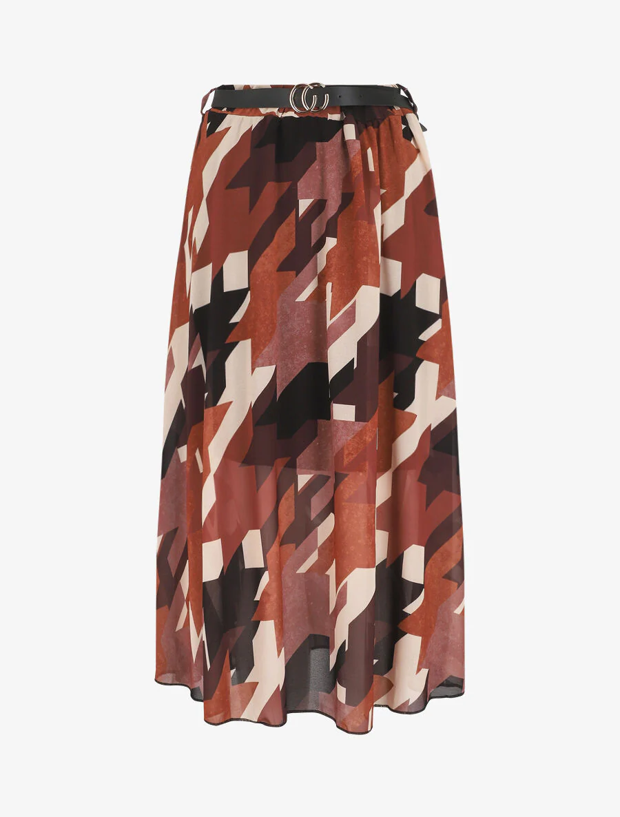 Lange rok met grafische print en elastische taille - Camel