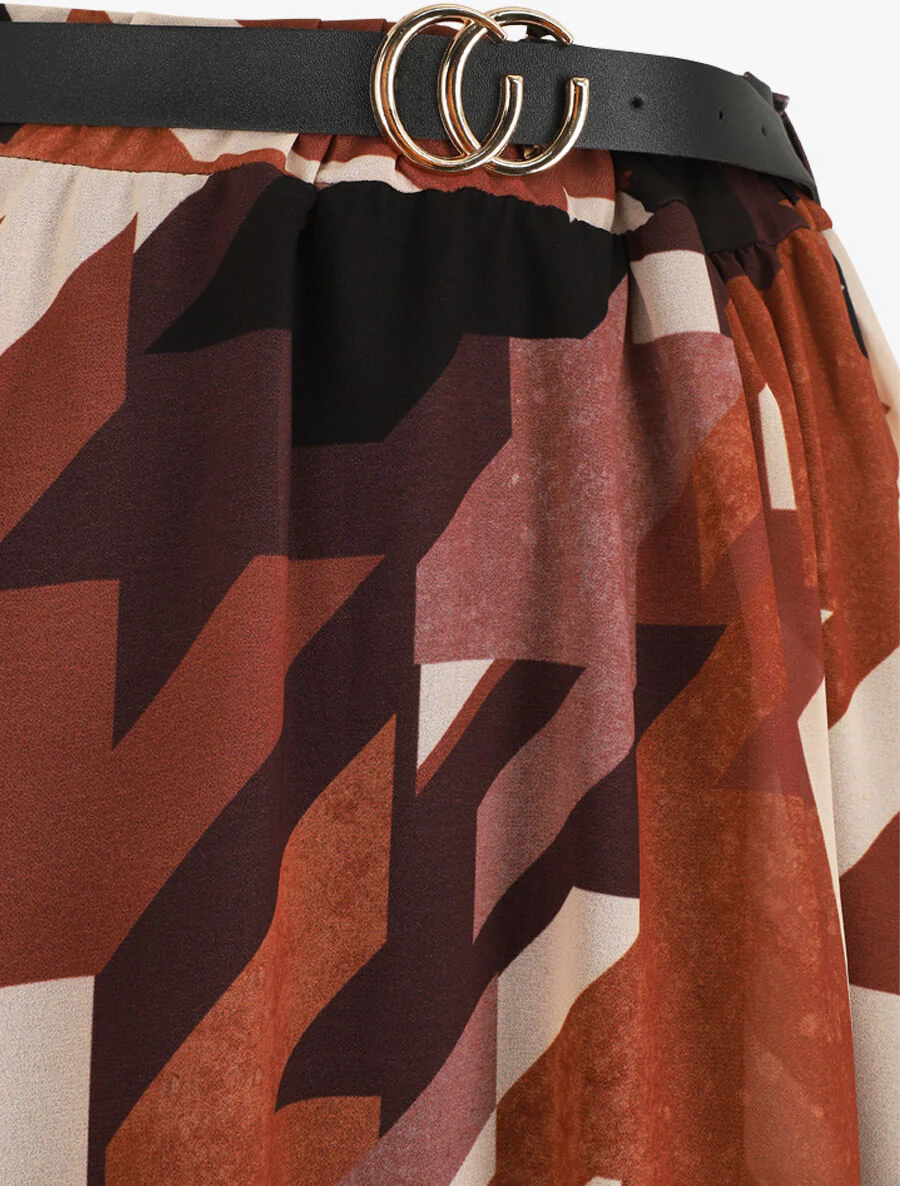 Lange rok met grafische print en elastische taille - Camel - Image 3