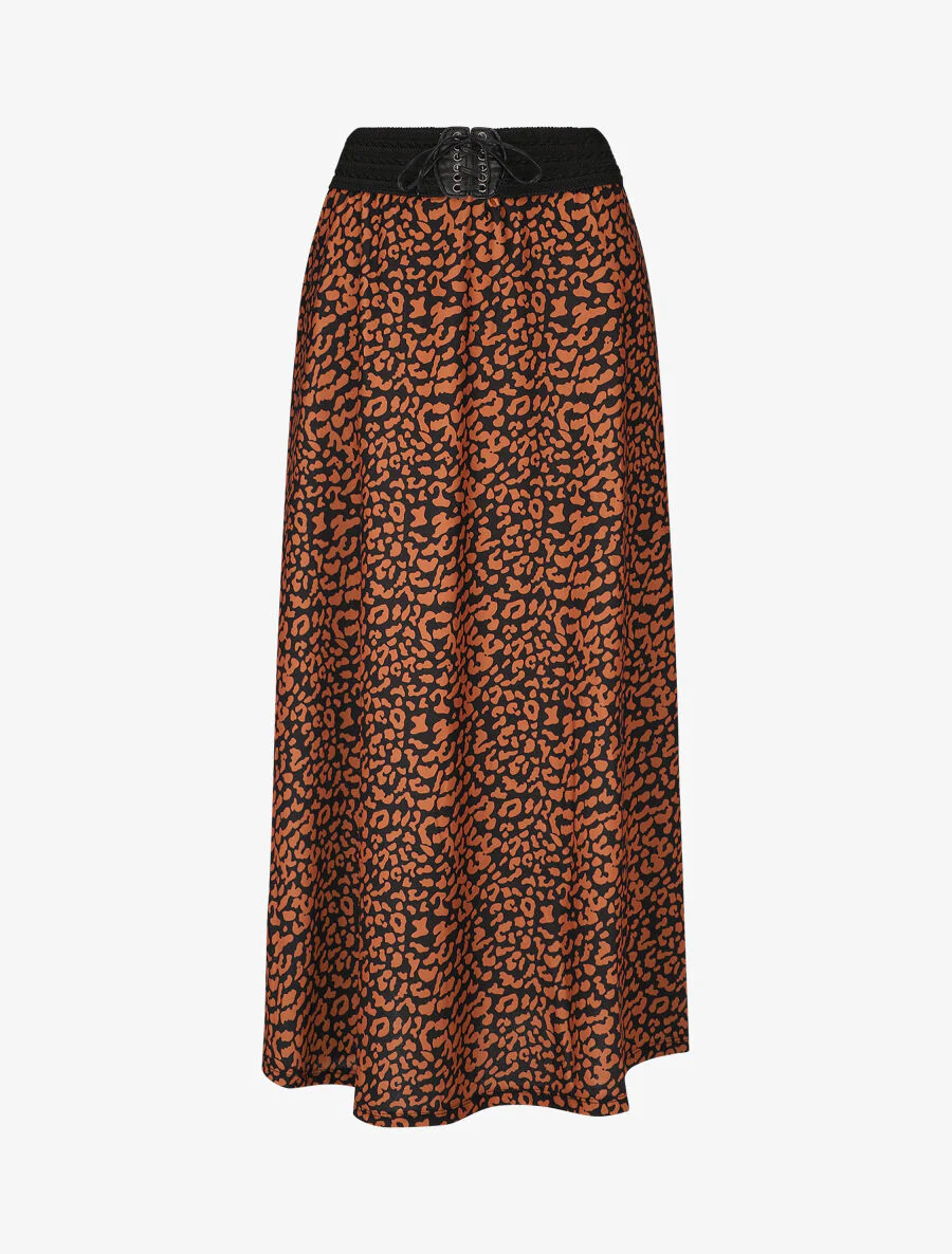 Lange rok met grafische print en hoge taille - Camel