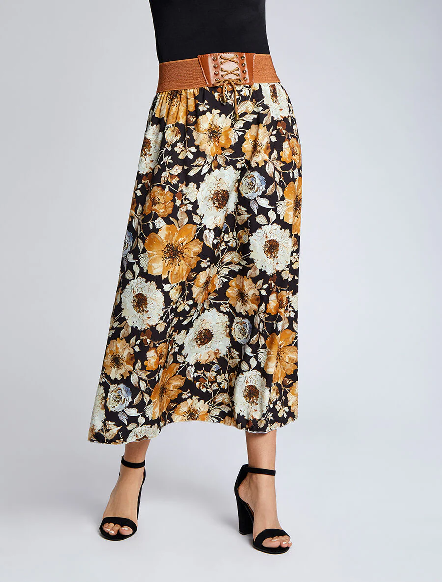 Lange rok met grote bloemenprint - Zwart - Image 3