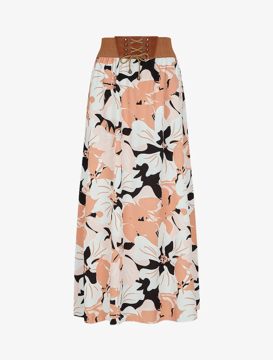 Lange rok met hibiscus bloemenprint - Zwart