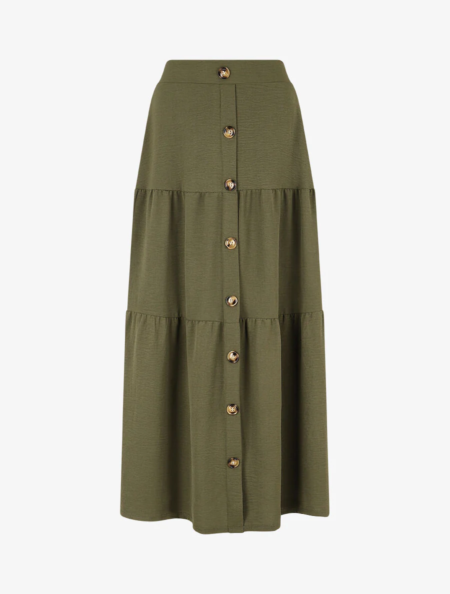 Lange rok met hoge taille en knopen - Kakigroen