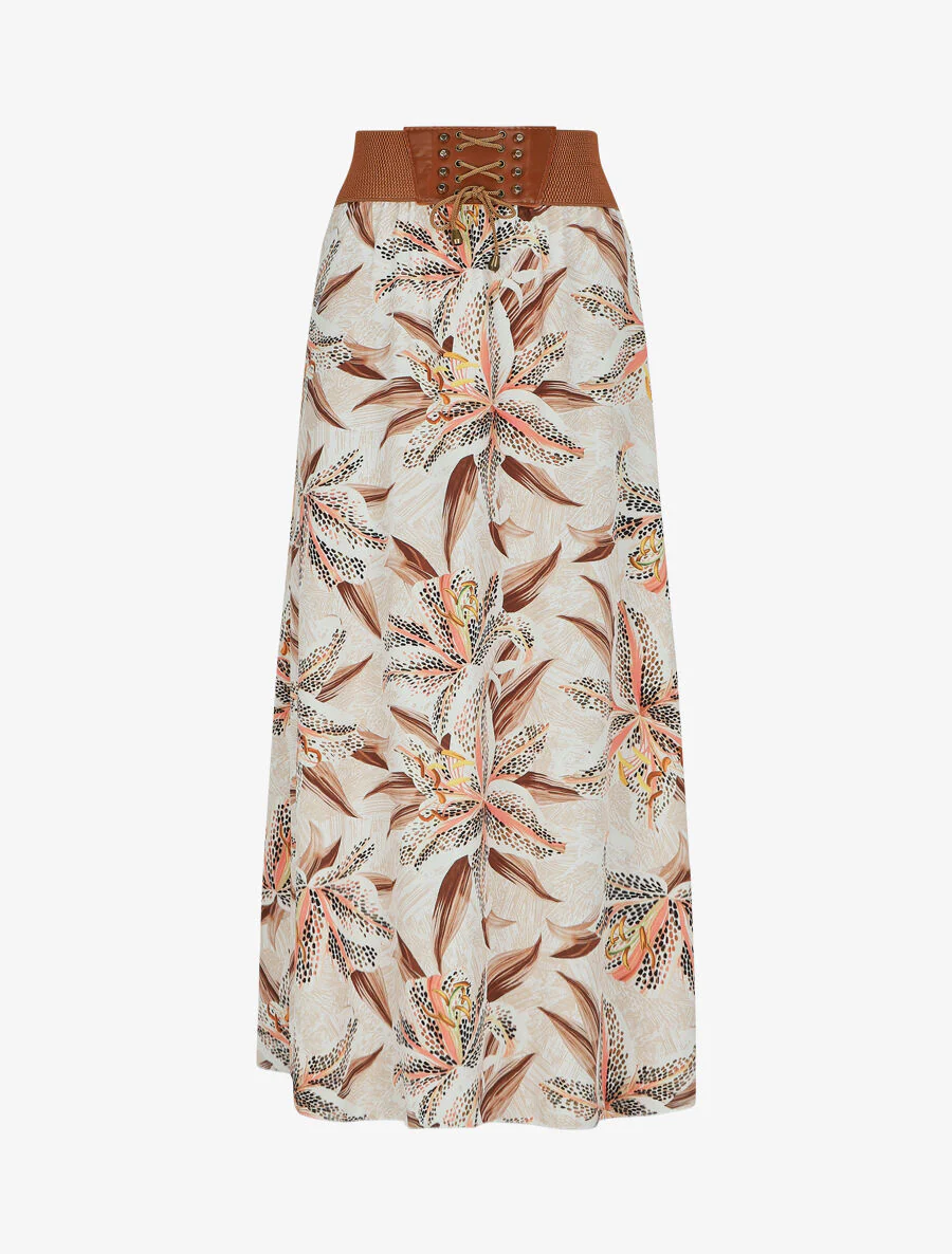 Lange rok met lis bloemenprint - beige