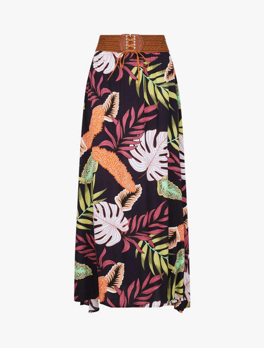 Lange rok met tropische print - Marineblauw