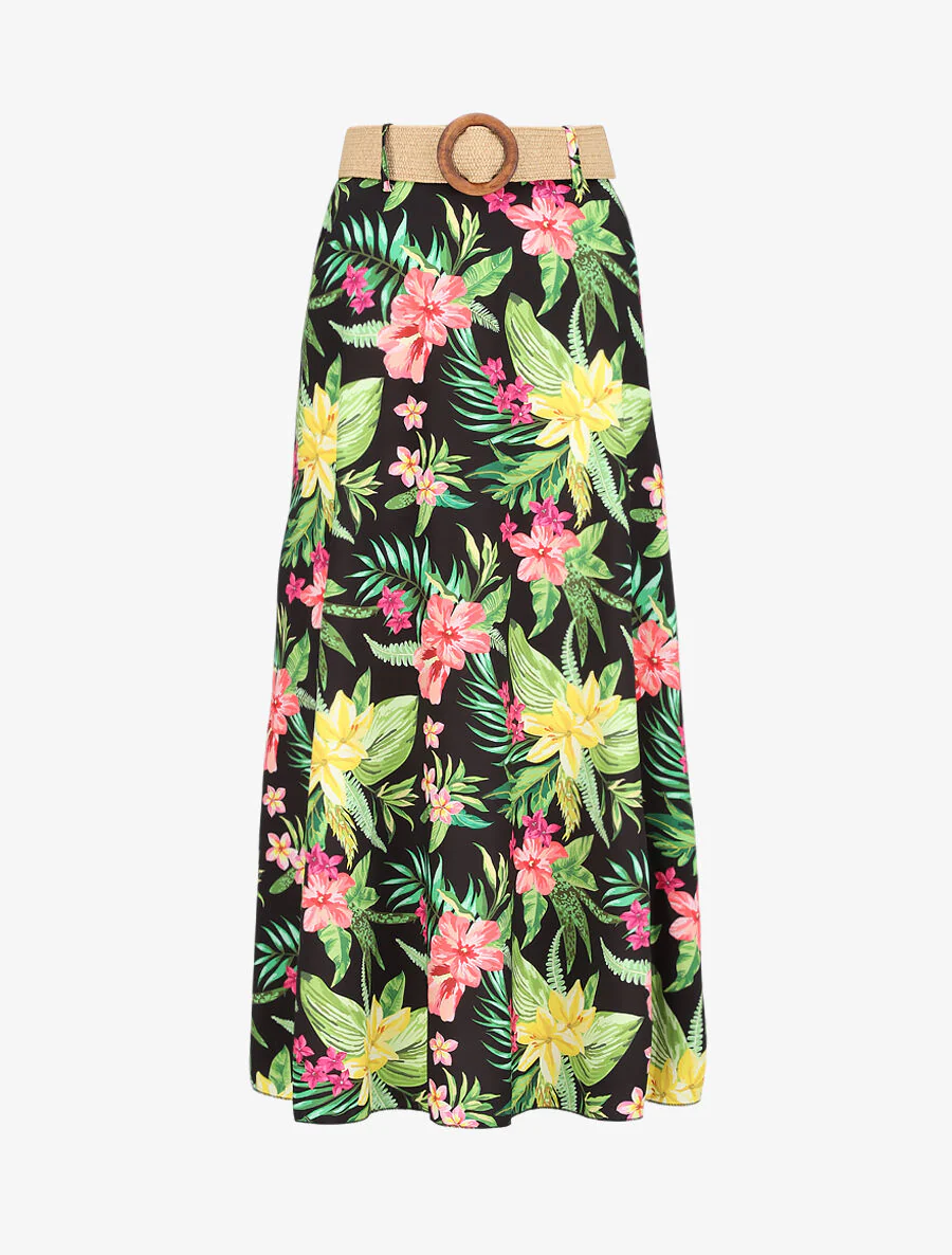 Lange rok met tropische print - Zwart