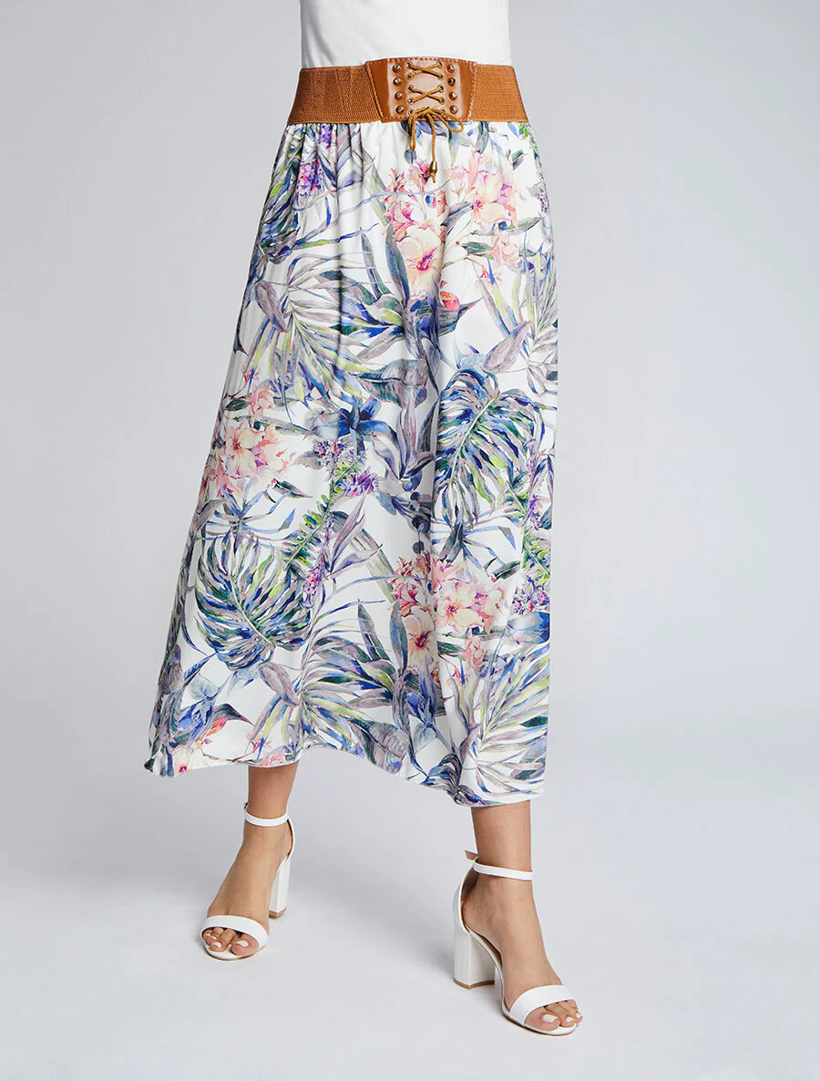 Lange rok met tropische print - Wit - Image 3