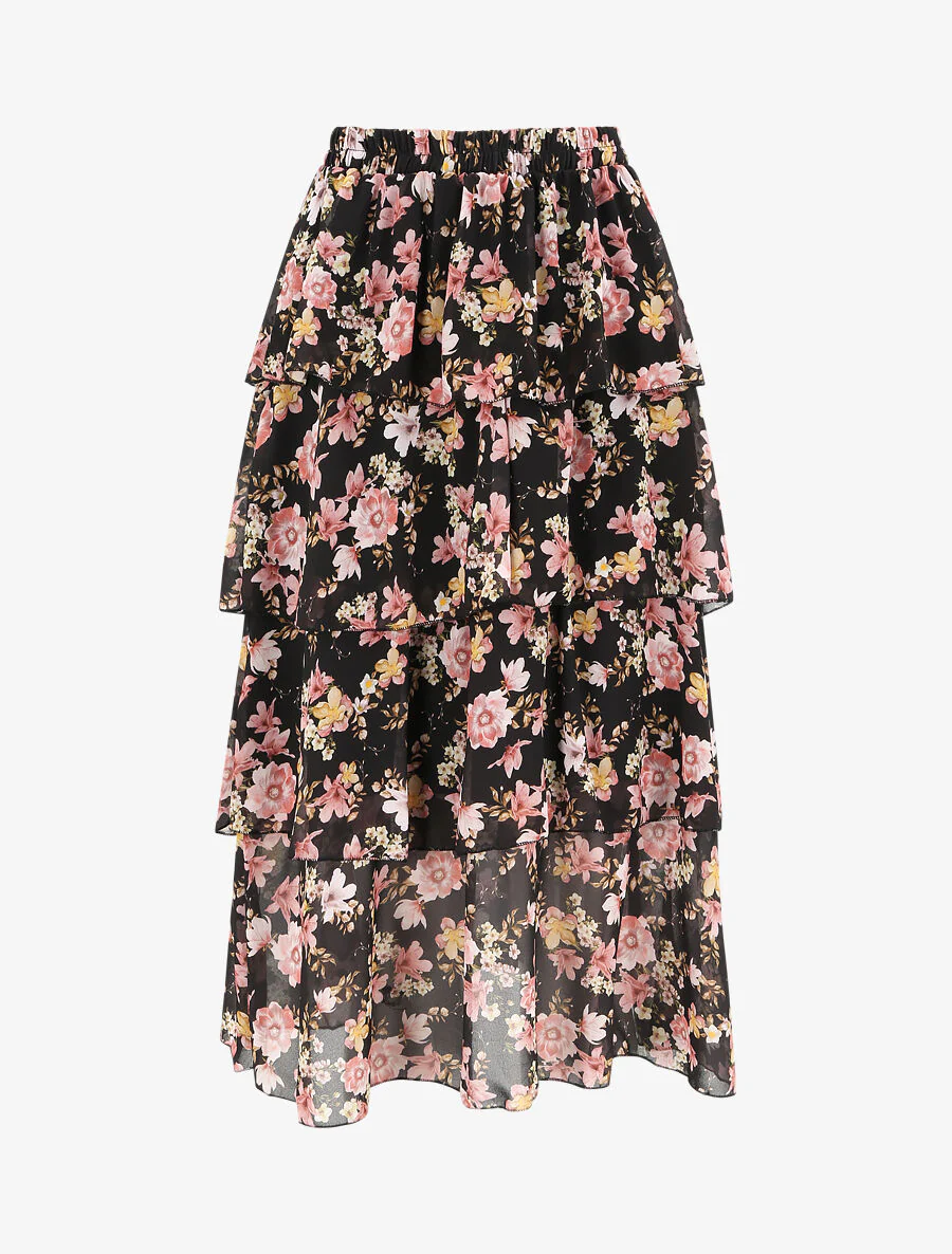 Lange rok met volants en bloemenprint - Zwart