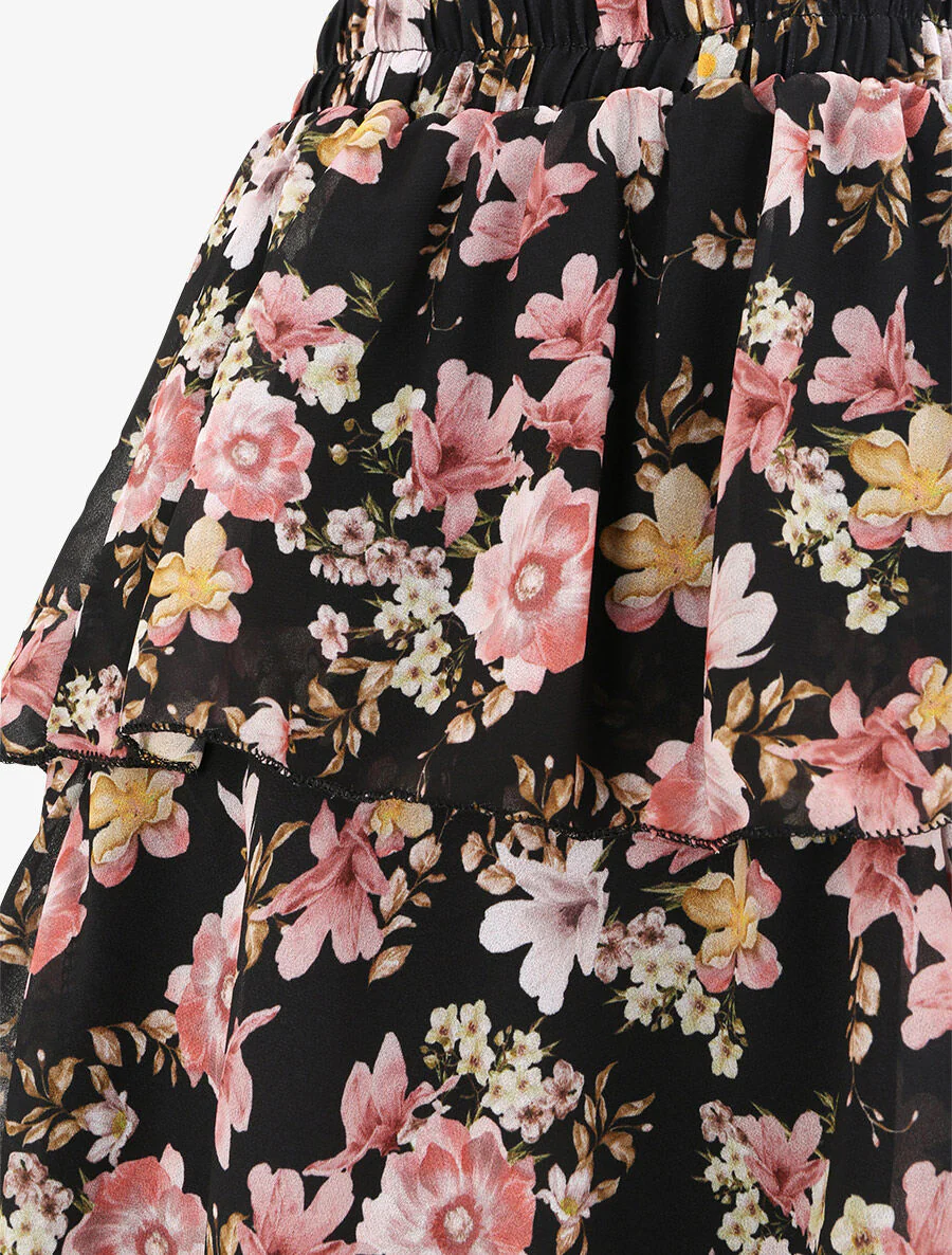Lange rok met volants en bloemenprint - Zwart - Image 3