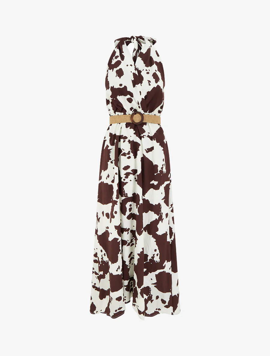 Lange rugloze jurk met koeienprint - Bruin