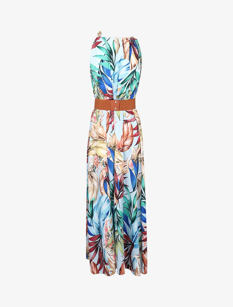 Lange satijnen jurk met tropische print - lichtblauw - Image 2