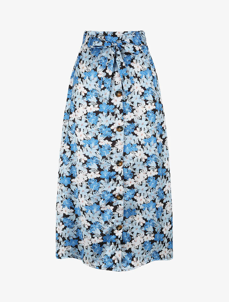 Lange satijnen rok met lisprint - Blauw