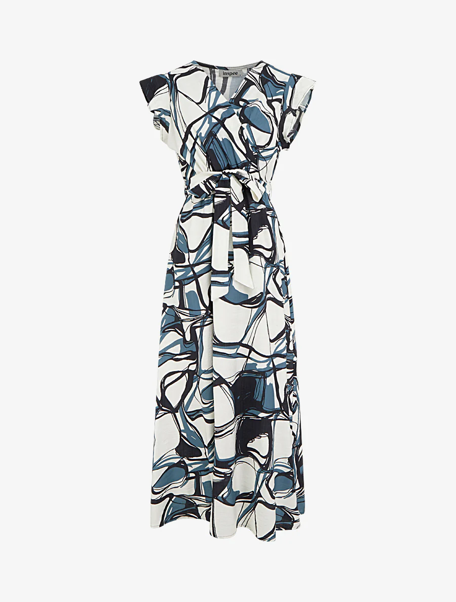 Lange uitlopende jurk met fantasieprint - Blauw/wit