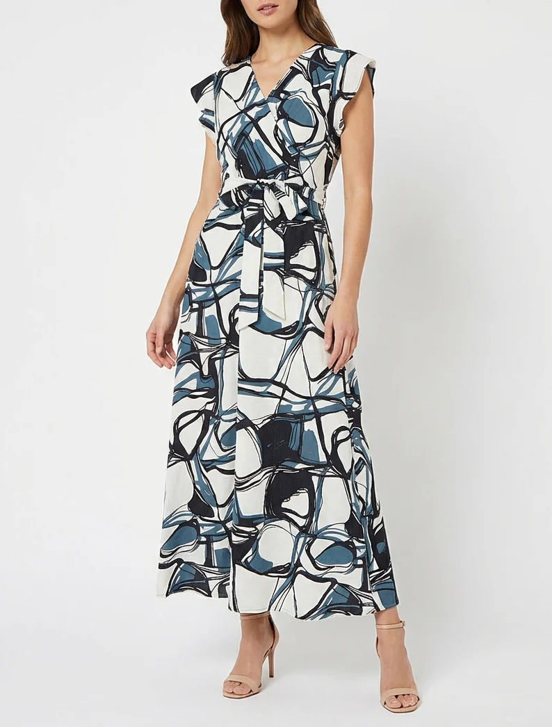 Lange uitlopende jurk met fantasieprint - Blauw/wit - Image 4