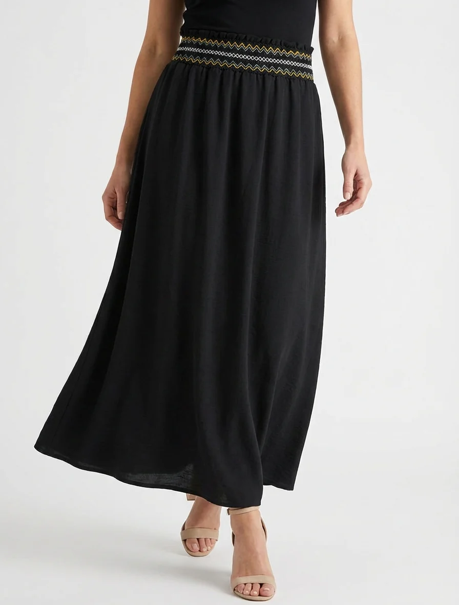 Lange uitlopende rok met elastische tailleband - Zwart - Image 4