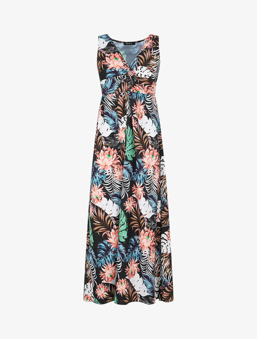 Lange V-hals gedraaide tropische print jurk - Zwart