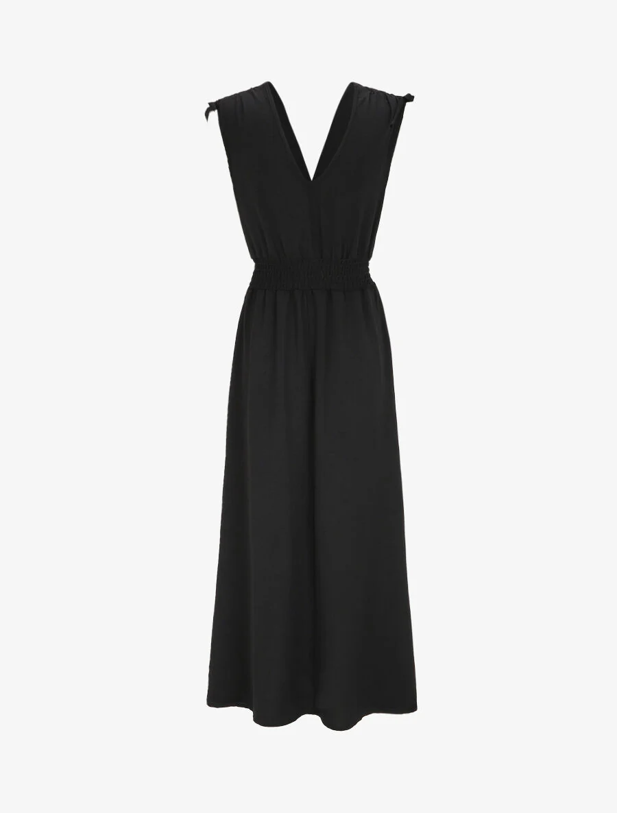 Lange v-hals jurk met elastische taille - Zwart - Image 2