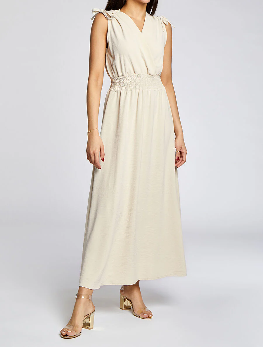 Lange v-hals jurk met elastische taille - Beige - Image 4
