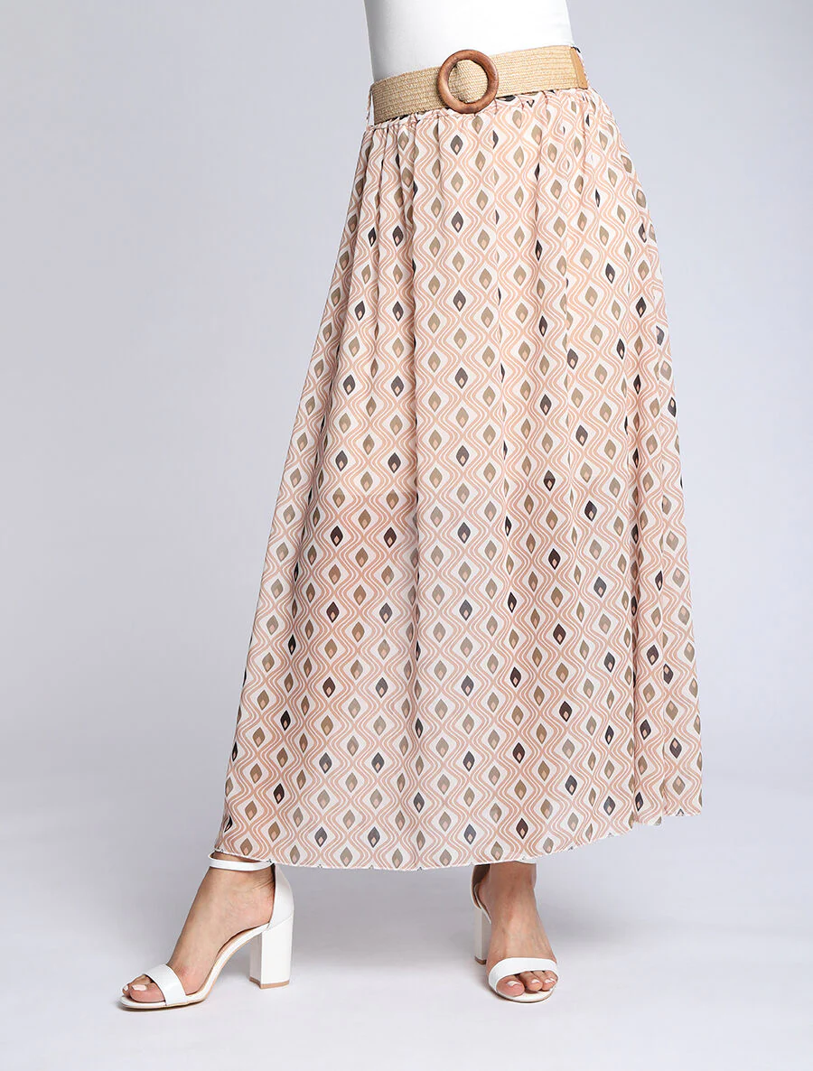 Lange voile geprinte geometrische gestileerde rok - Beige - Image 4