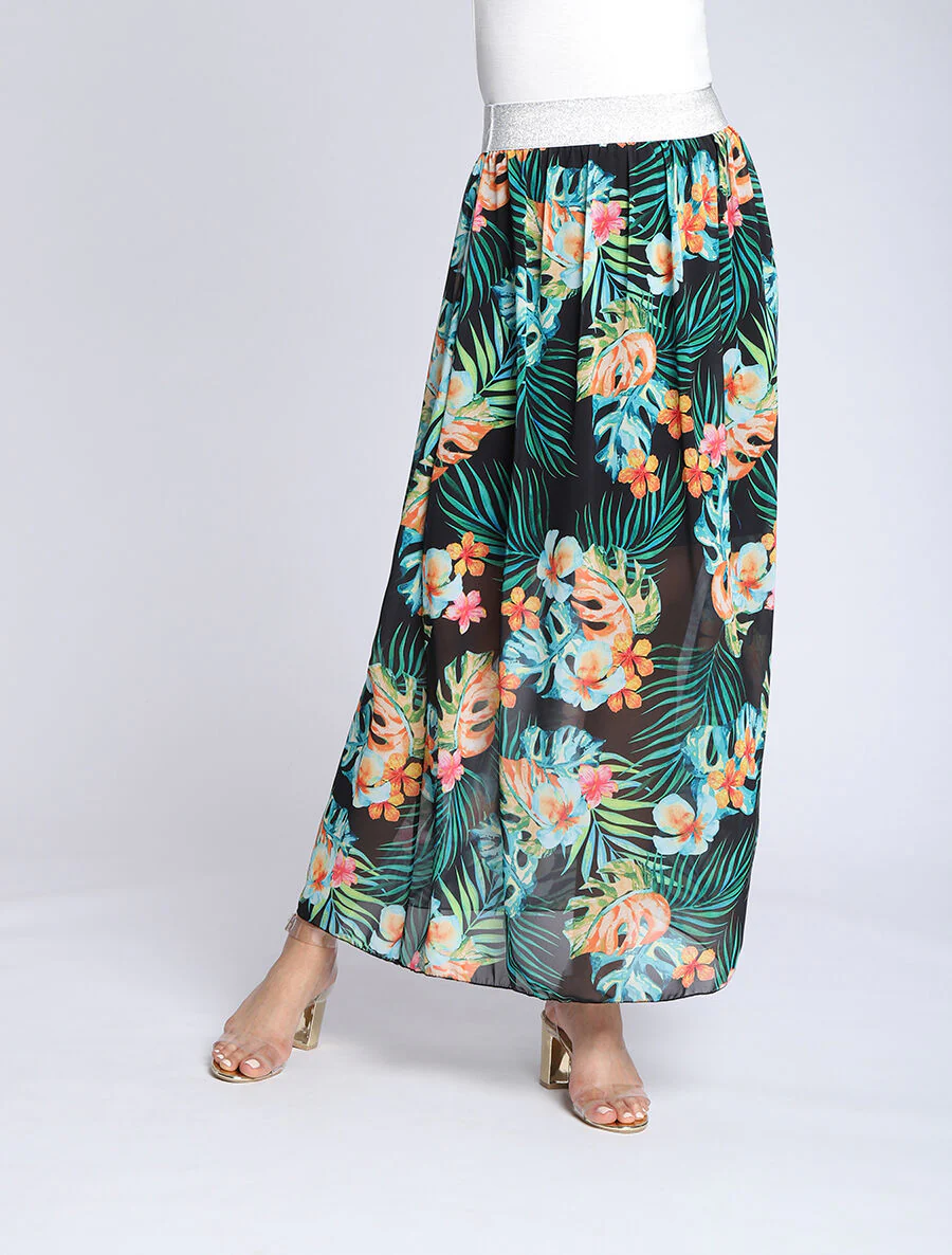 Lange voile geprinte tropische rok met contrasterende riem - Zwart - Image 4