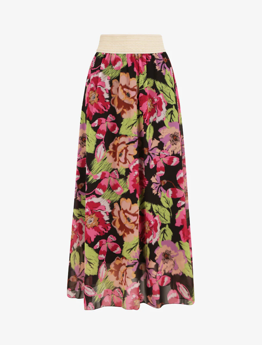 Lange voile rok met abstracte bloemenprint - Zwart
