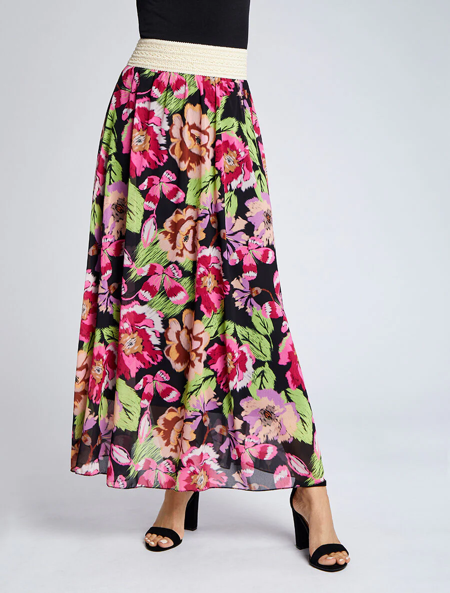 Lange voile rok met abstracte bloemenprint - Zwart - Image 4
