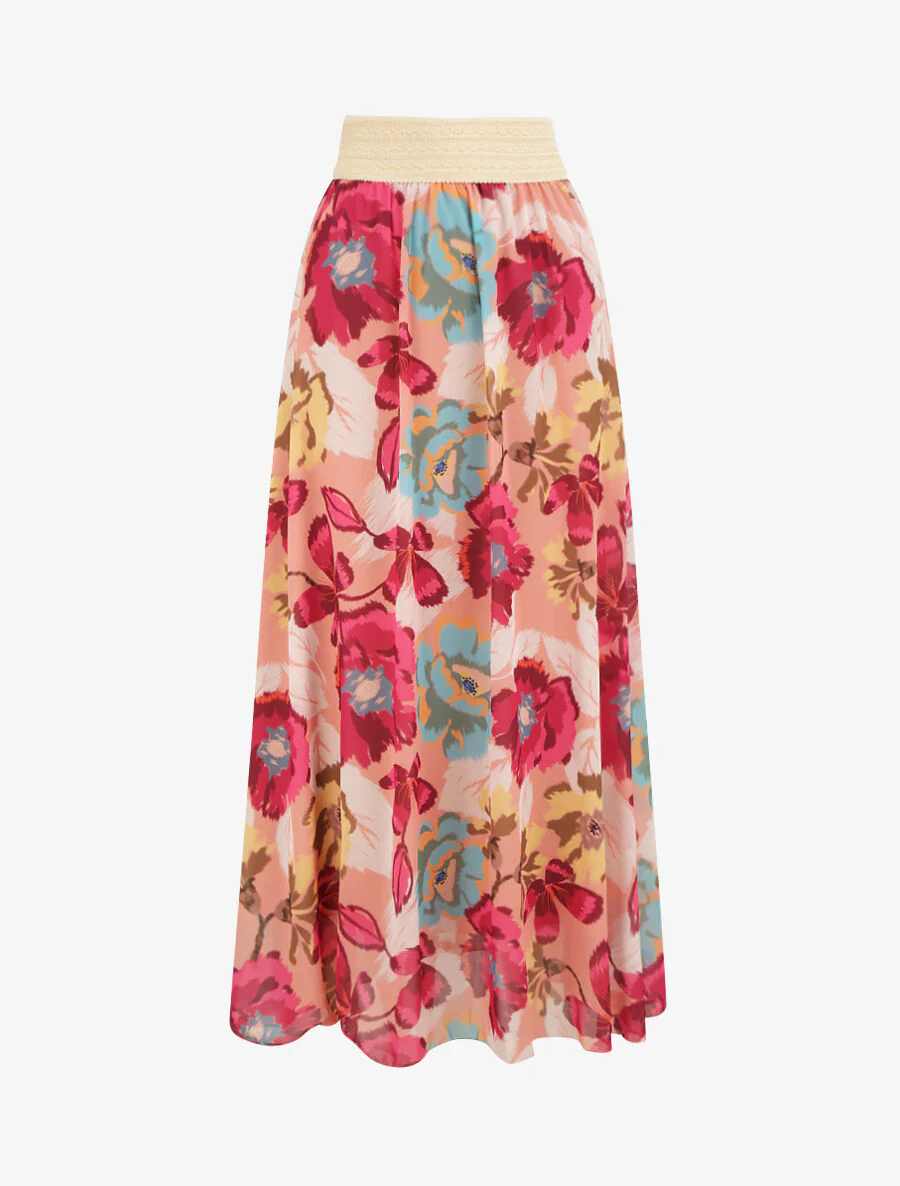 Lange voile rok met abstracte bloemenprint - Roze