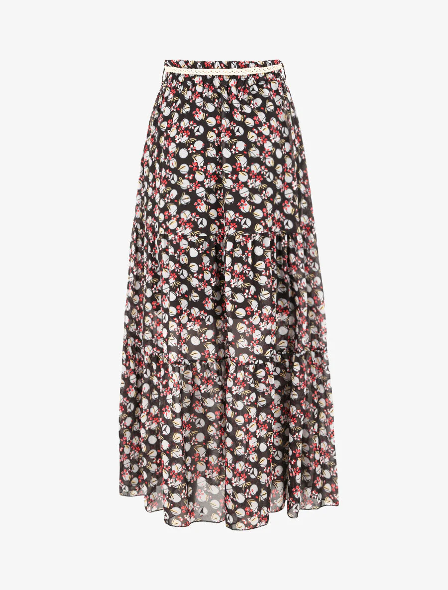 Lange voile rok met bloemen en stippenprint - Zwart - Image 2