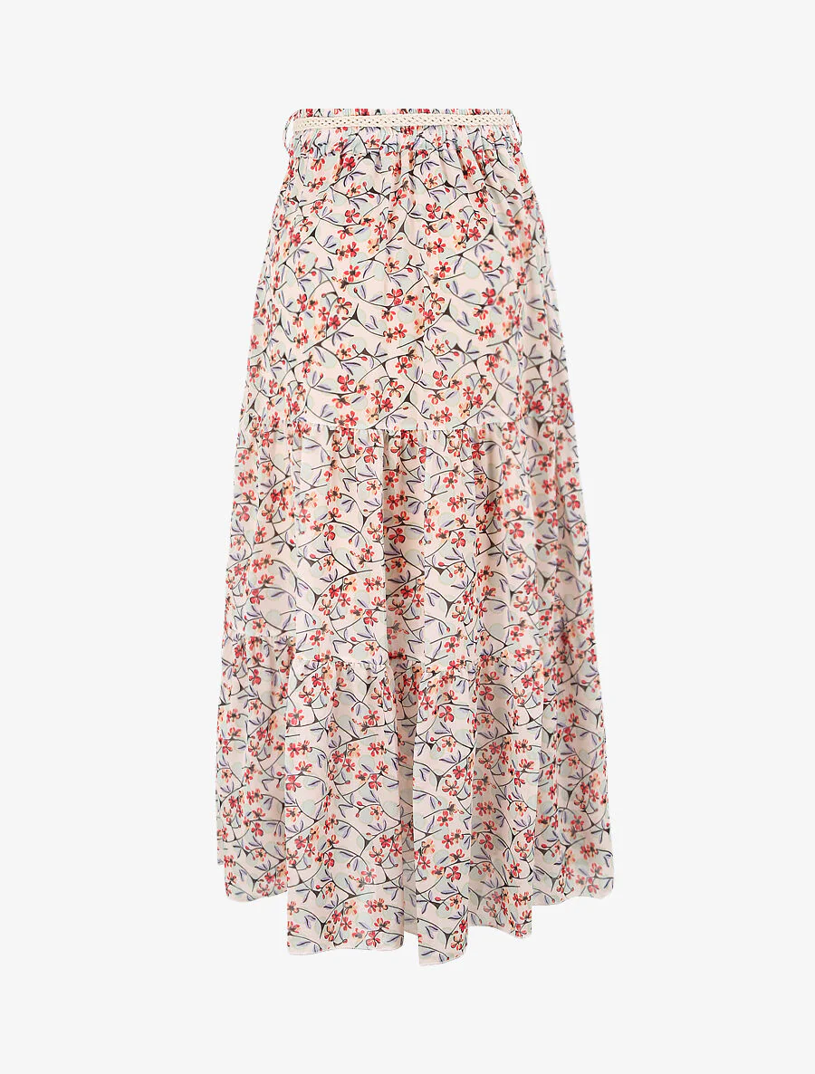 Lange voile rok met bloemen en stippenprint - Beige - Image 2