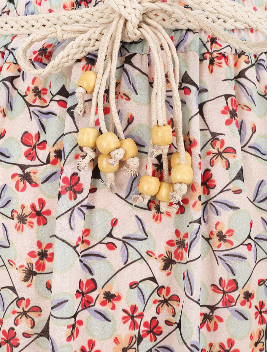Lange voile rok met bloemen en stippenprint - Beige - Image 3