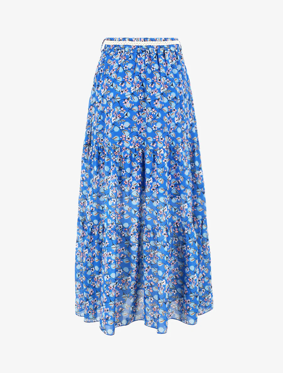 Lange voile rok met bloemen en stippenprint - Blauw - Image 2