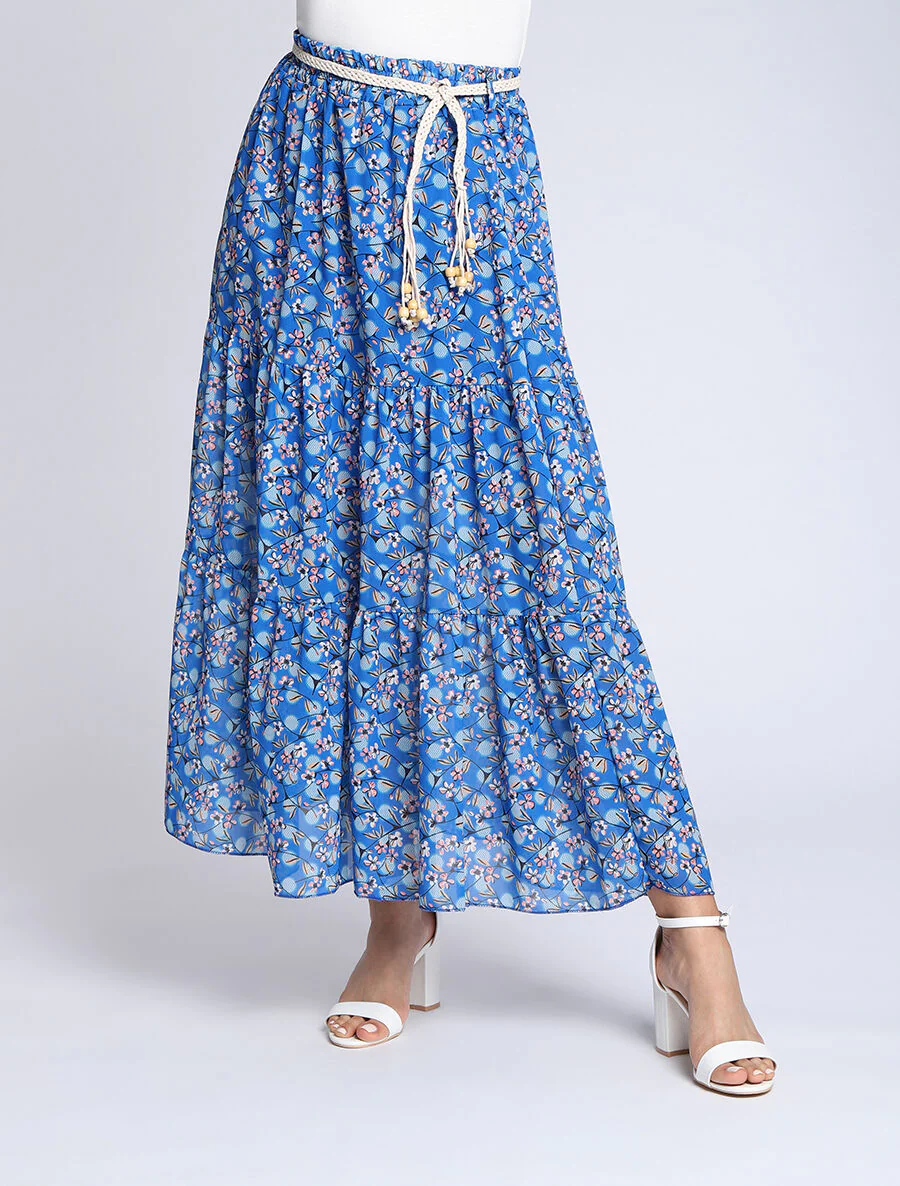 Lange voile rok met bloemen en stippenprint - Blauw - Image 4