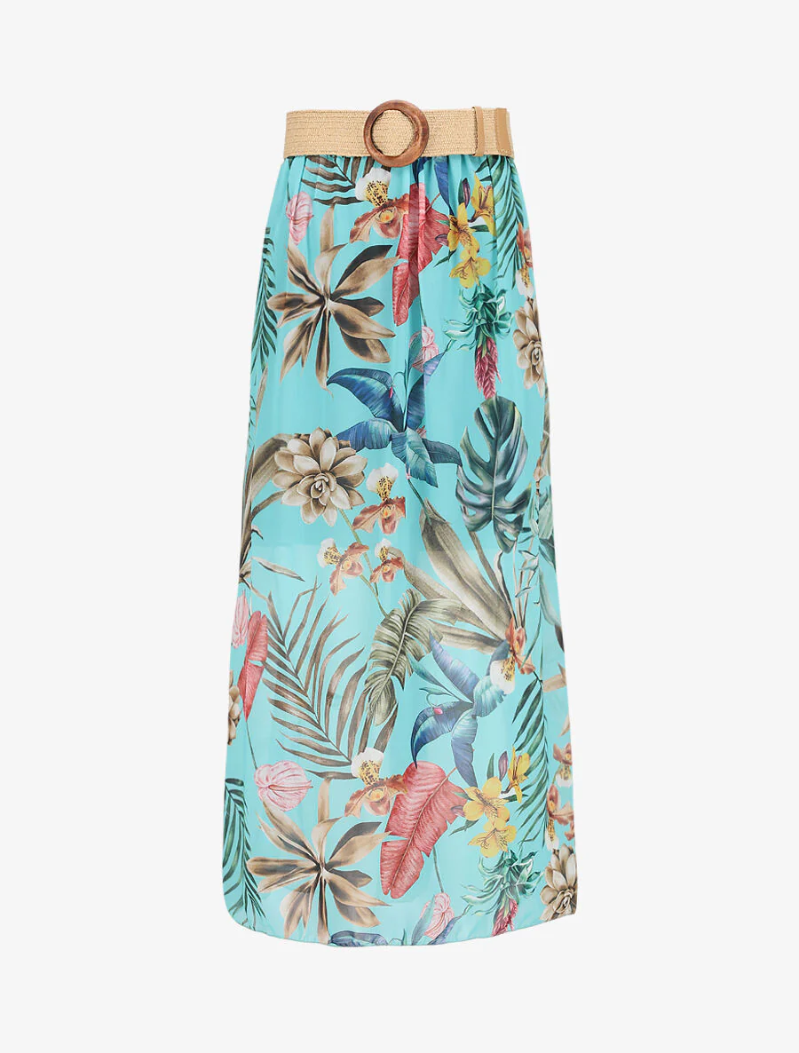 Lange voile rok met tropische bloemenprint - Blauw turquoise