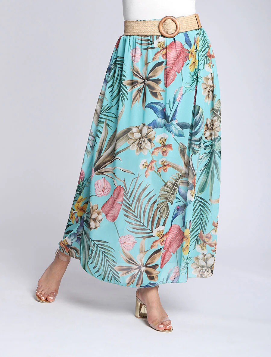 Lange voile rok met tropische bloemenprint - Blauw turquoise - Image 4