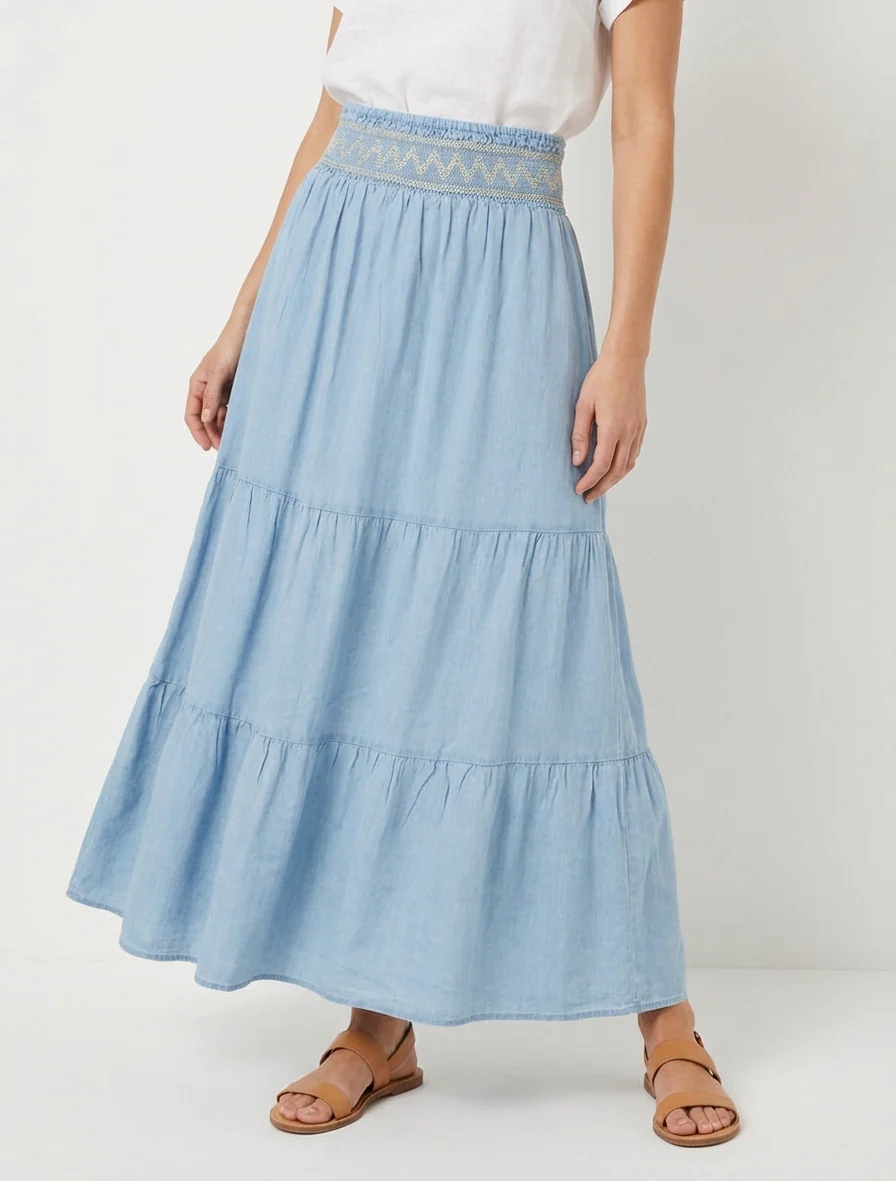 Lange wijde rok met elastische tailleband met fantasiedessin - Lichtblauw - Image 4