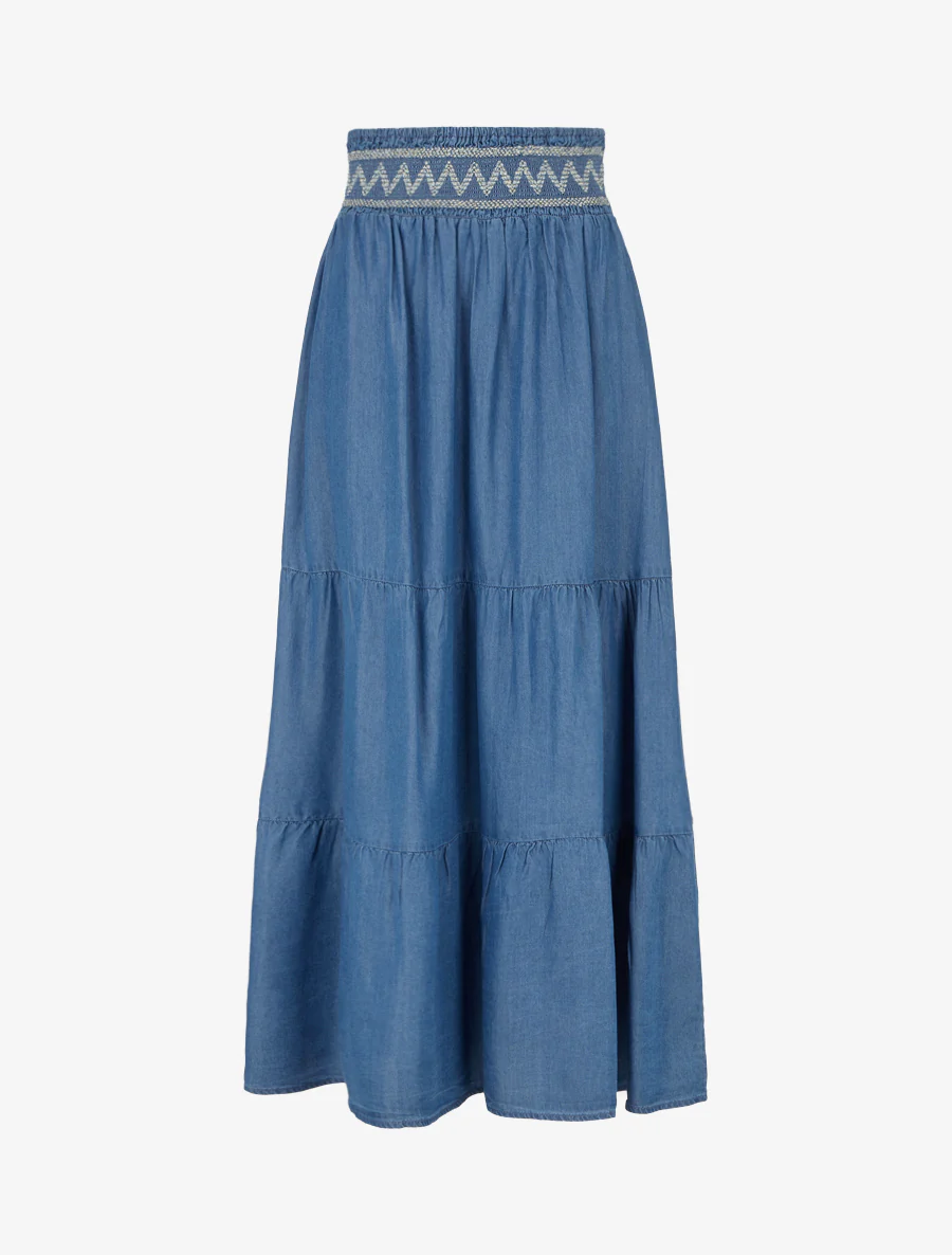 Lange wijde rok met elastische tailleband met fantasiedessin - Blauwe denim