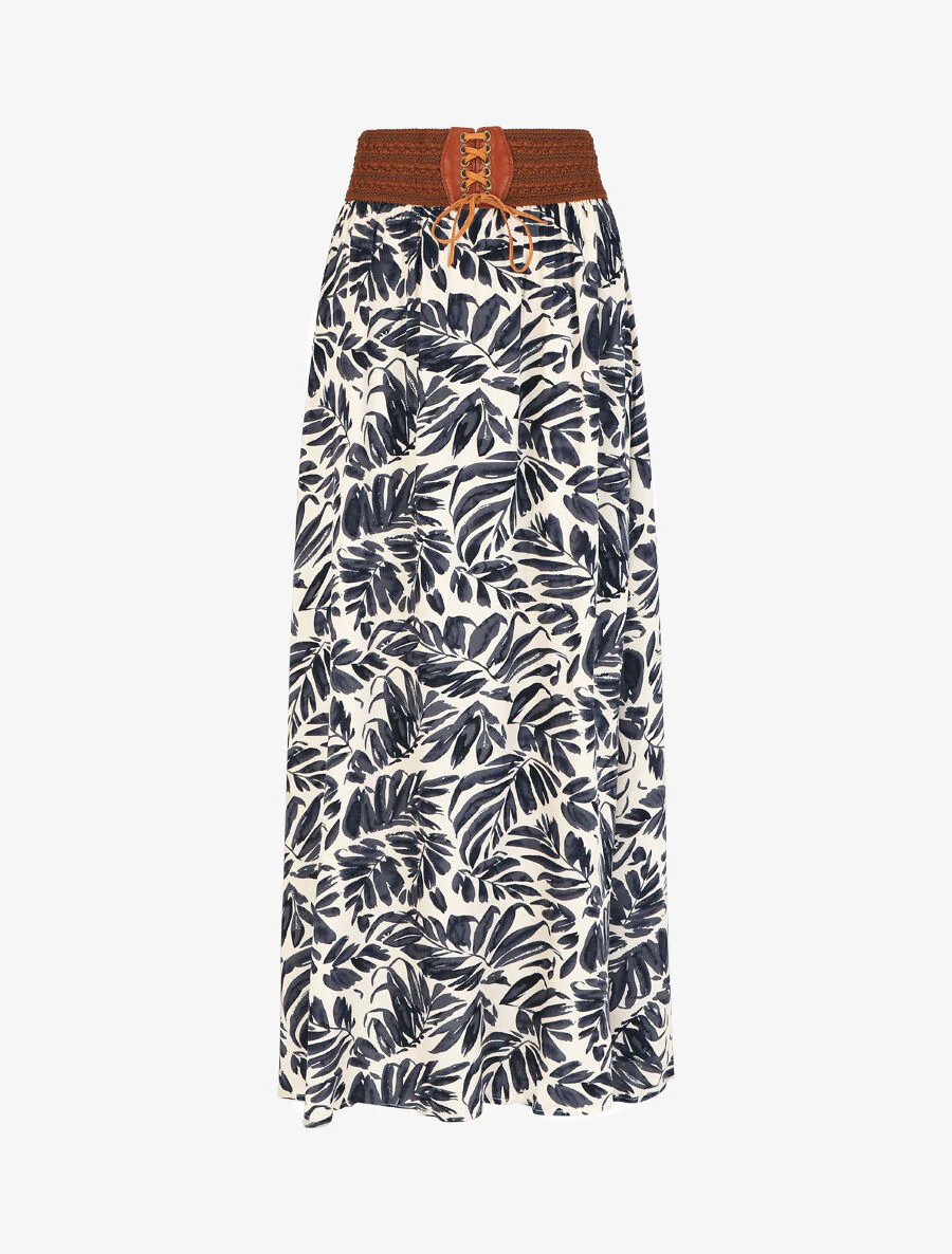 Lange wijduitlopende rok met bladmotief - Donkerblauw